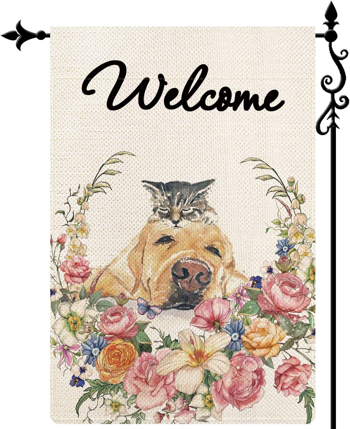 Coskaka Welcome Cute Dog and Cat Wreath Garden Flag,Small Flowers Seasonal Vertical Double Sided Rustic Farmland Burlap Yard Lawn Outdoor Decor 12.5x18 Inch