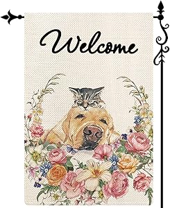 Coskaka Welcome Cute Dog and Cat Wreath Garden Flag,Small Flowers Seasonal Vertical Double Sided Rustic Farmland Burlap Yard Lawn Outdoor Decor 12.5x18 Inch