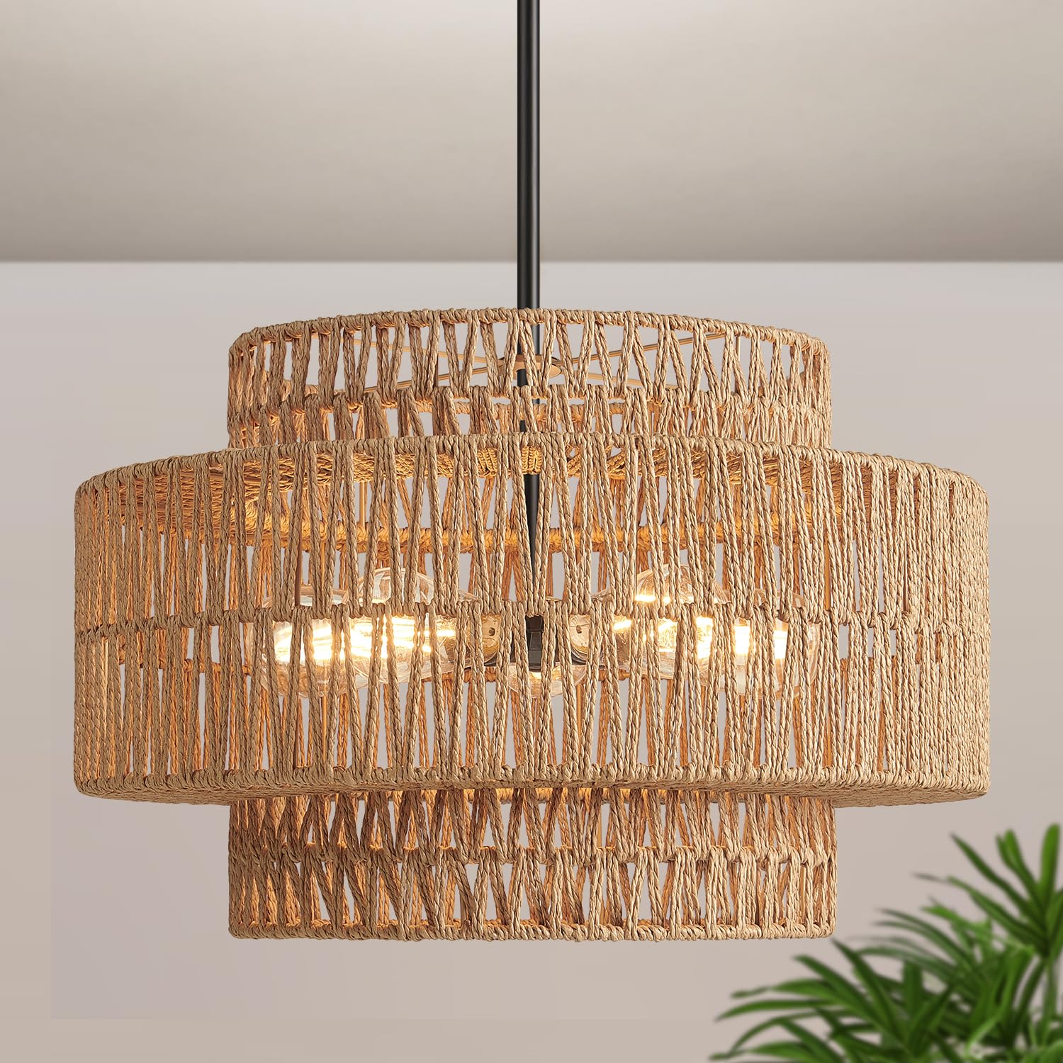 Photo 1 of 19" Boho Rattan Chandelier for Dining Room Light Fixture, 5-Light Hand Woven Wicker Pendant Light Fixture, Farmhouse Rustic Hanging Black Chandelier for Dining Room, Kitchen Island, Living, Bedroom