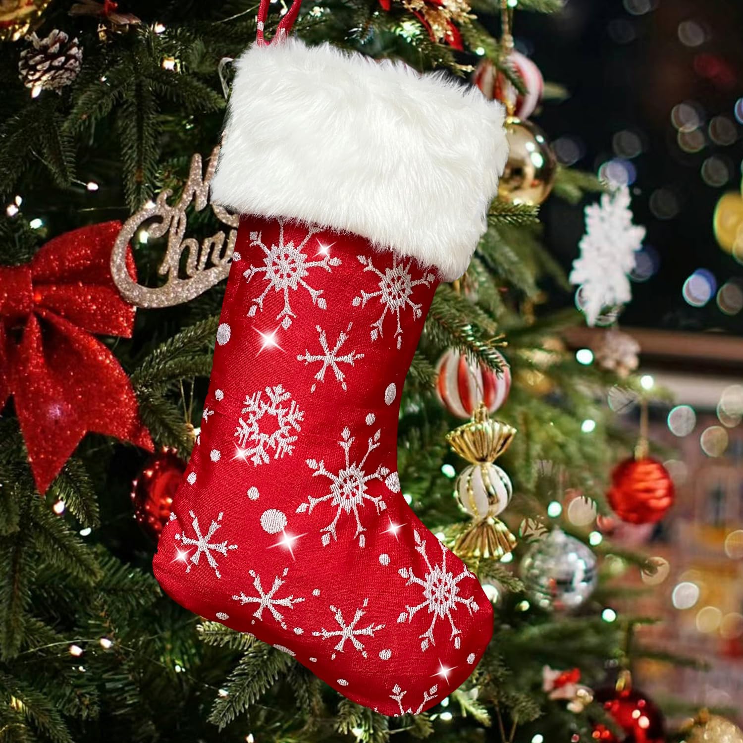 Mauts 23" Red Christmas stocking With silver threads classic snowflake pattern with shiny silver silk Christmas decorations stocking Used For Christmas Tree Gift Box Mantel Party Christmas.