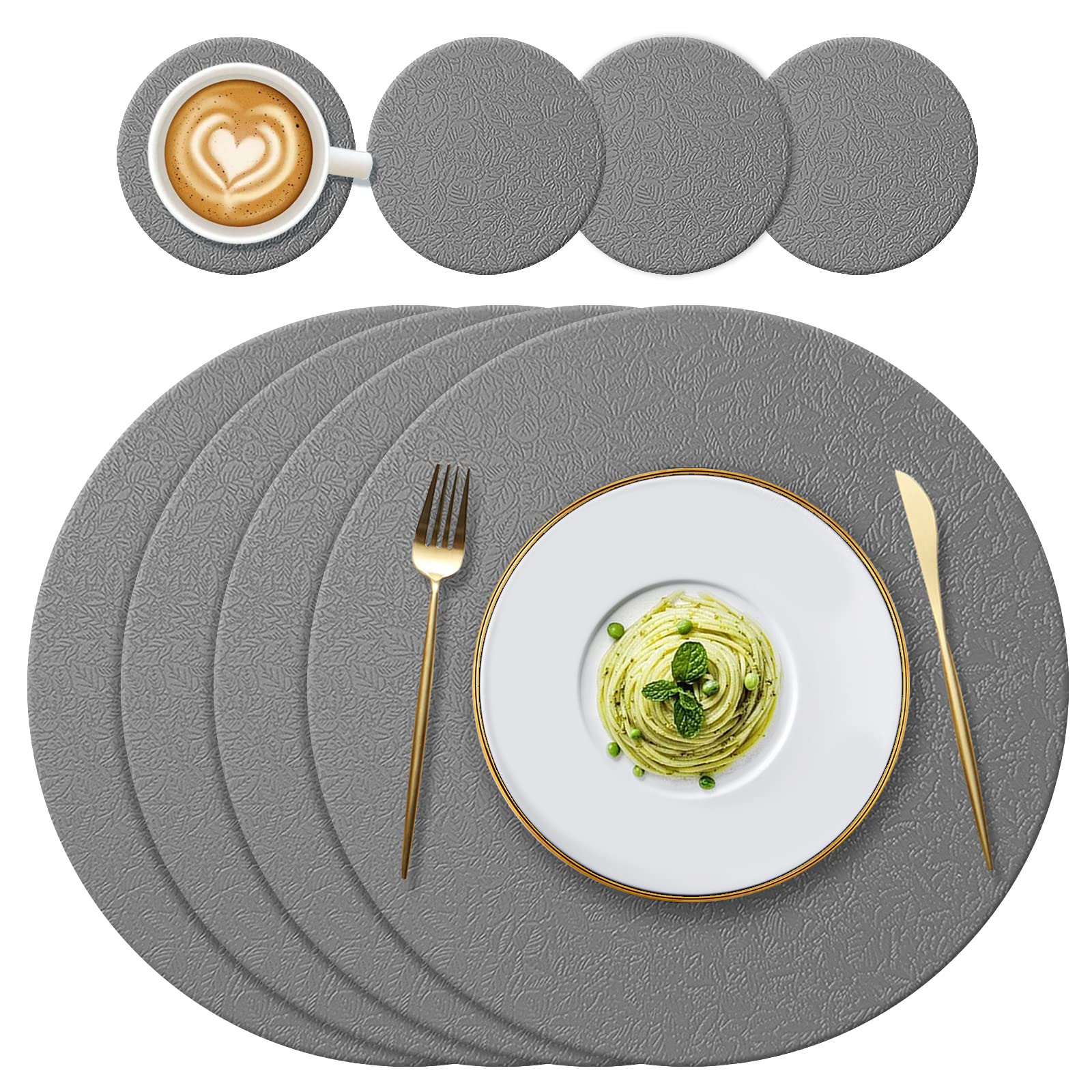 YUNJUER 4 Round Silicone Place mats + 4 Coasters Set, Heat-Resistant 450 °F Placemats, Non-Slip and Washable, Decoration Accessories for Home, Hotel, Dining Table, Indoor, Outdoor, (Dark Grey)