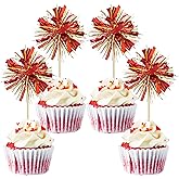 Gyufise 30Pcs Foil Firework Cupcake Toppers Sparkle Tinsel Cake Toppers Tinsel Drink Cake Decoration Cocktail Picks for Birthday Wedding Graduation Party Supplies Gold Red