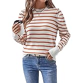 Spriolim Womens Striped Sweater Fashion Puff Long Sleeve Knit Top Casual Crew Neck Pullover Sweaters