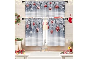 Nesphy Kitchen Curtains Christmas Silver Red Balls Fir Branches Valances and Window Curtains 3 Pcs Set Magic Snowy Sparkling Snowflake Short Tier Curtain for Room Treatment Small Kitchen Window Decor