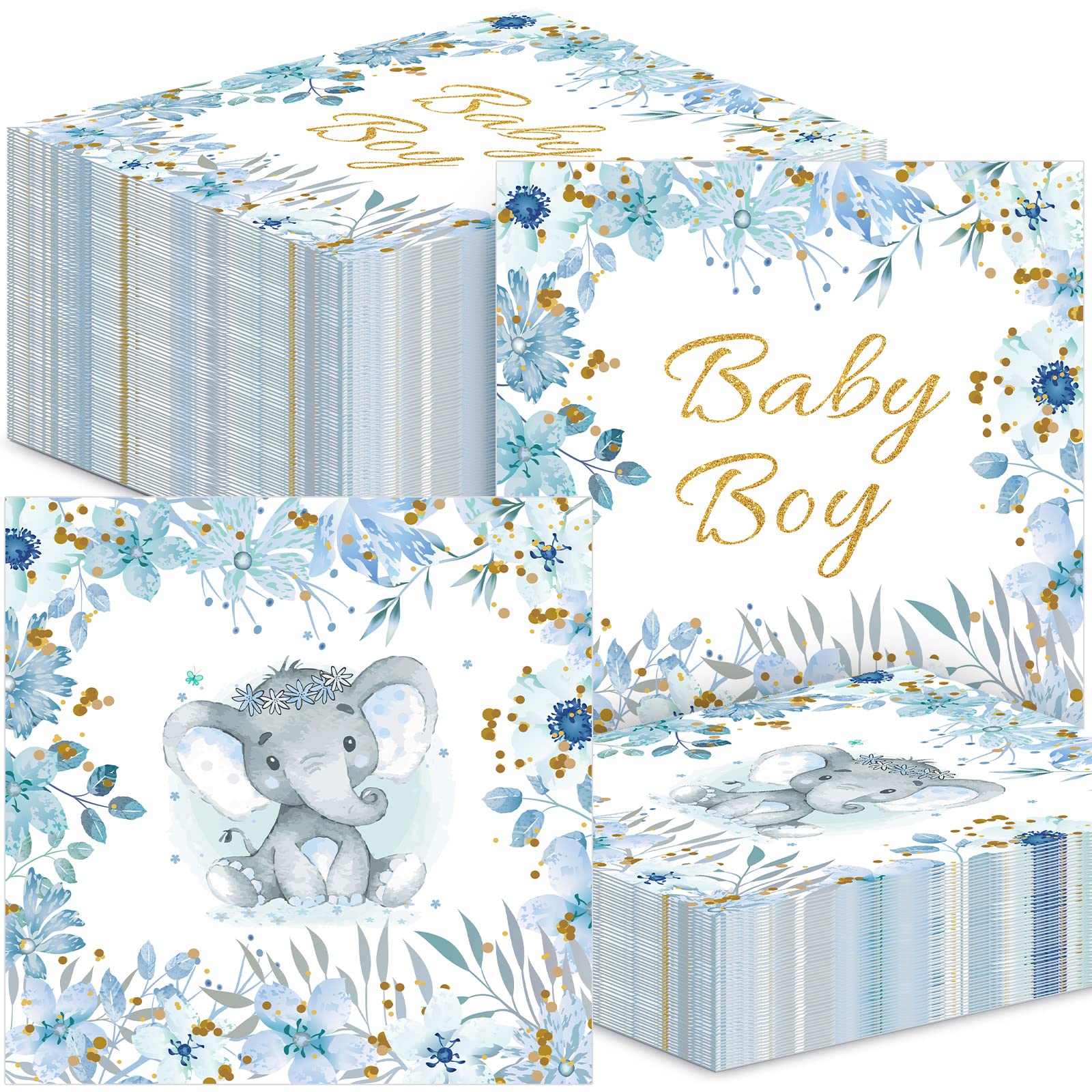 Photo 1 of 100 Pcs Elephant Baby Shower 2 Ply Paper Napkin Paper Cocktail Elephant Baby Shower Disposable Napkins for Decoration, Folded 6.5" x 6.5"(Blue Boy)