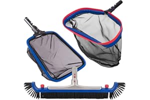 POOLAZA Deluxe Swimming Pool Cleaning Kit Including 20'' Pool Brush Head & Heavy Duty Pool Nets for Cleaning (17.5''Pool Net Skimmer & Semi-deep Ultra Fine Mesh Pool Skimmer Net with Aluminum Frame)