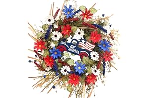 Idyllic 4th of July Wreath Patriotic Wreath Independence Day Wreath for Front Door, Red White and Blue Daisy Wreath for Memorial Day Independence Day Veterans Day Front Door Decoration
