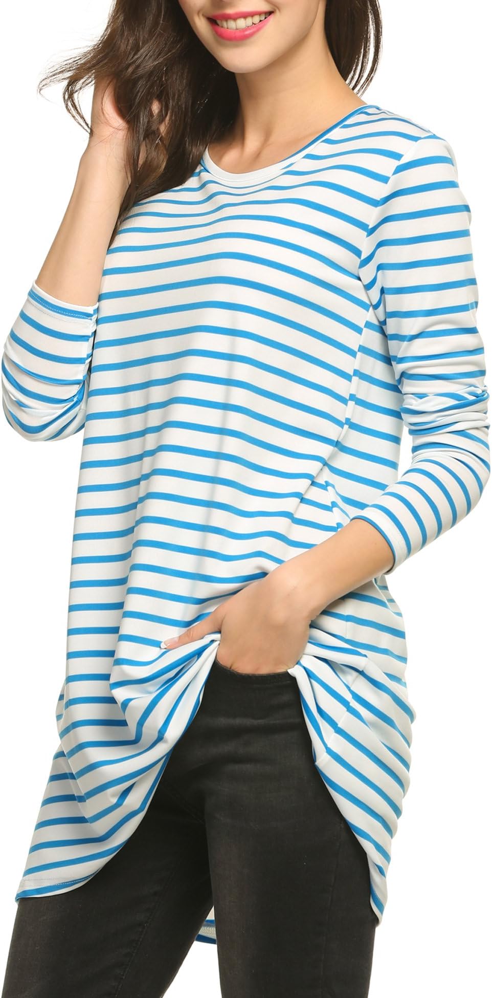 Women's O-Neck Long Sleeve Striped Casual Long Tunic Top Blue White