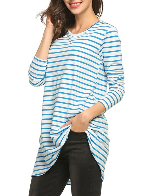 ACEVOG Damen Langarm Shirt Langarm gestreiftes Shirt lang Bluse lose gestreift Oberteil Casual Long Top