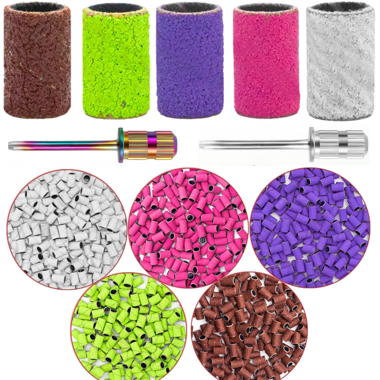 Nail Sanding Bands for Nail Drill, 300Pcs Coarse Fine Sanding Bands for Nail Drill 80#120#150#180#240#Grit Sanding Bands, 2Pcs 3/32” Mandrel Bits for Nail Drill with Boxed for Manicures & Pedicure