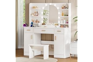Decofy Vanity Desk with Mirror and 11 LED Lights, 43'' Makeup Vanity Table with Power Outlet & Chair, Dressing Table with 3 Drawers, 2 Cabinets and 6 Open Shelfs for Bedroom, White
