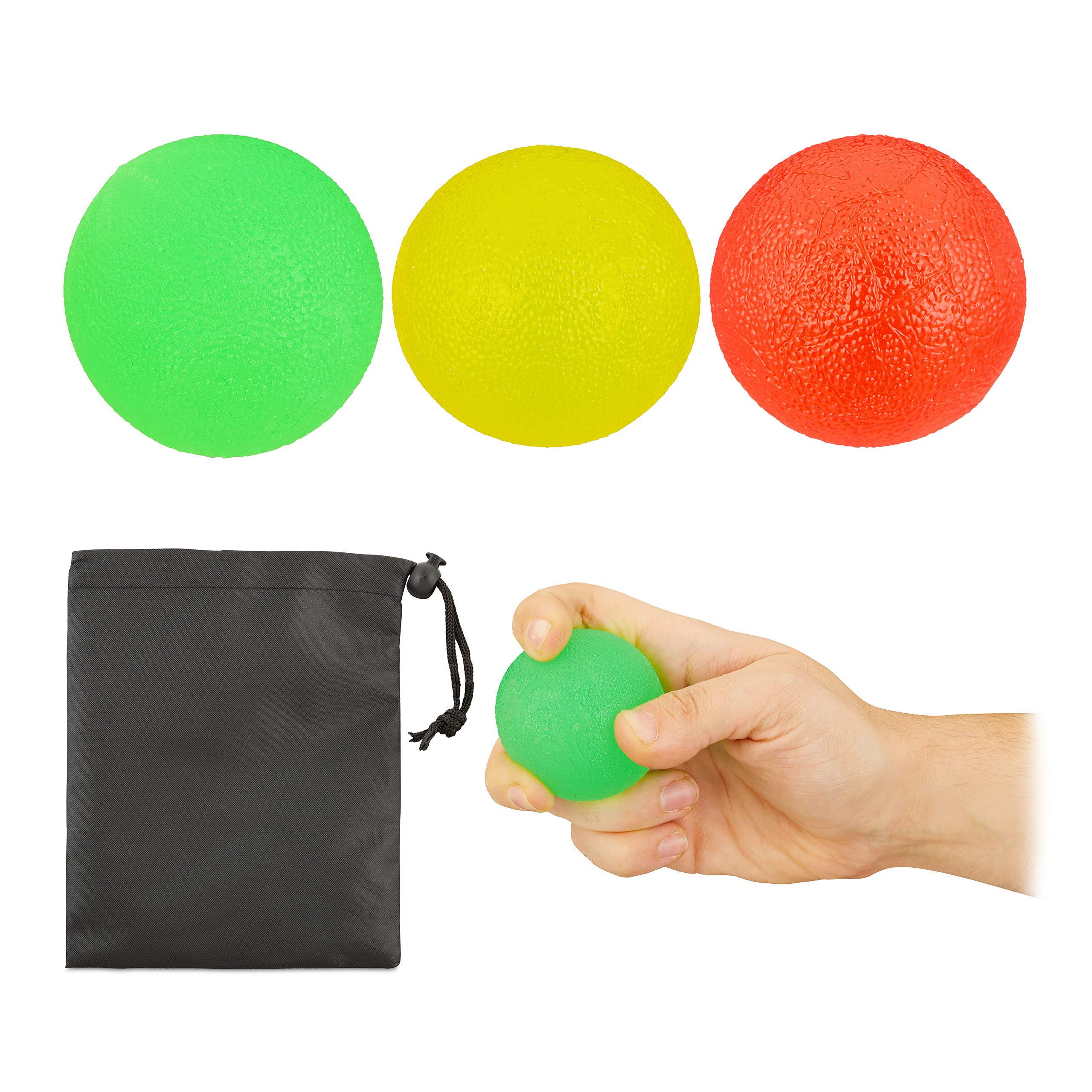 Relaxdays Set of 3 Finger Trainer Balls, Squeezy Balls For Hand Training & Stress Relief, Pouch, 5cm Ø, Yellow/Red/Green