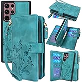 Lacass for Samsung Galaxy S22 Ultra Case [12 Card Slots] ID Credit Cash Holder Zipper Pocket Detachable Magnet Leather Wallet Cover Wrist Strap Lanyard (Floral Blue Green)