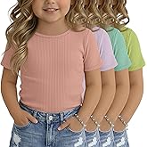 Oakgarden 4 Pack Toddler Girls' Ribbed Short Sleeve Shirts Baby Girl Cotton Crew Neck Basic Tops Casual Knit Summer Tees