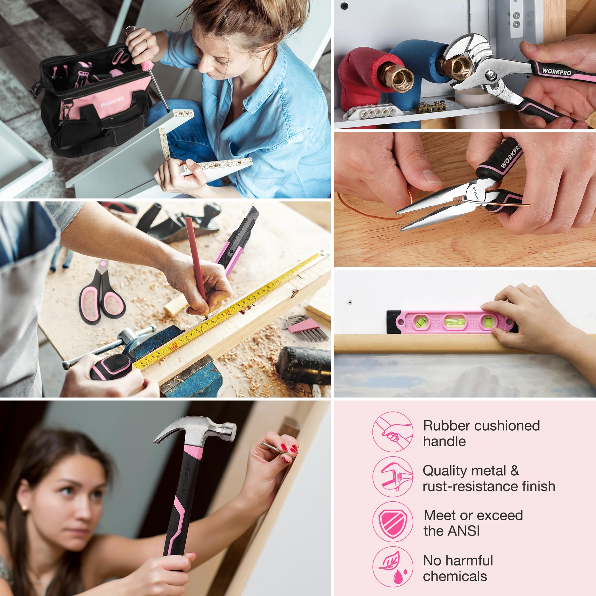 WORKPRO Pink Household Tool Kit with Drill, 157PCS Tool Set with 20V Cordless Lithium-ion Drill Driver, Home Tool Kit for All Purpose, Power Drill Sets with Pink Tool Bag - Pink Ribbon