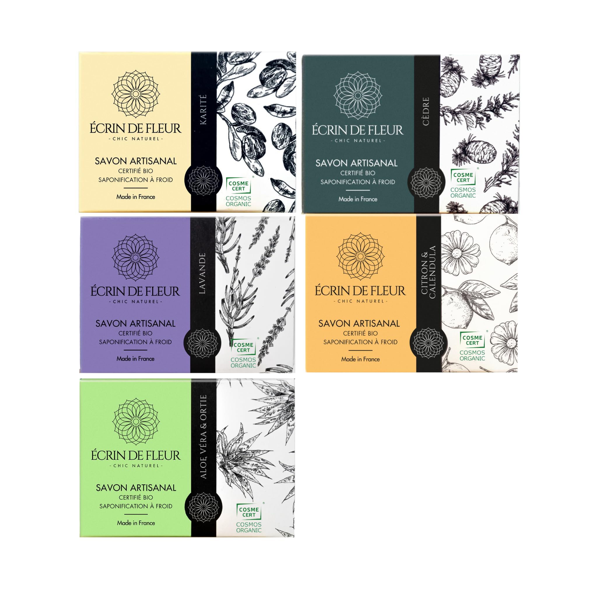 Écrin de Fleur – Organic Artisan Soap Gift Set for Men & Women, Handmade French Body & Face Bars, Dual Certified COSMOS & Nature et Progrès, 5 x 90g