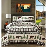 Quilts Queen Size, 3Pcs Rustic Cabin Bedspread Coverlet Set Brown Bear Green Pine Tree Bedding Set Lightweight Soft Reversible Plaid Stripe Bed Cover Set Farmhouse Decor for All Season(90"x 90")