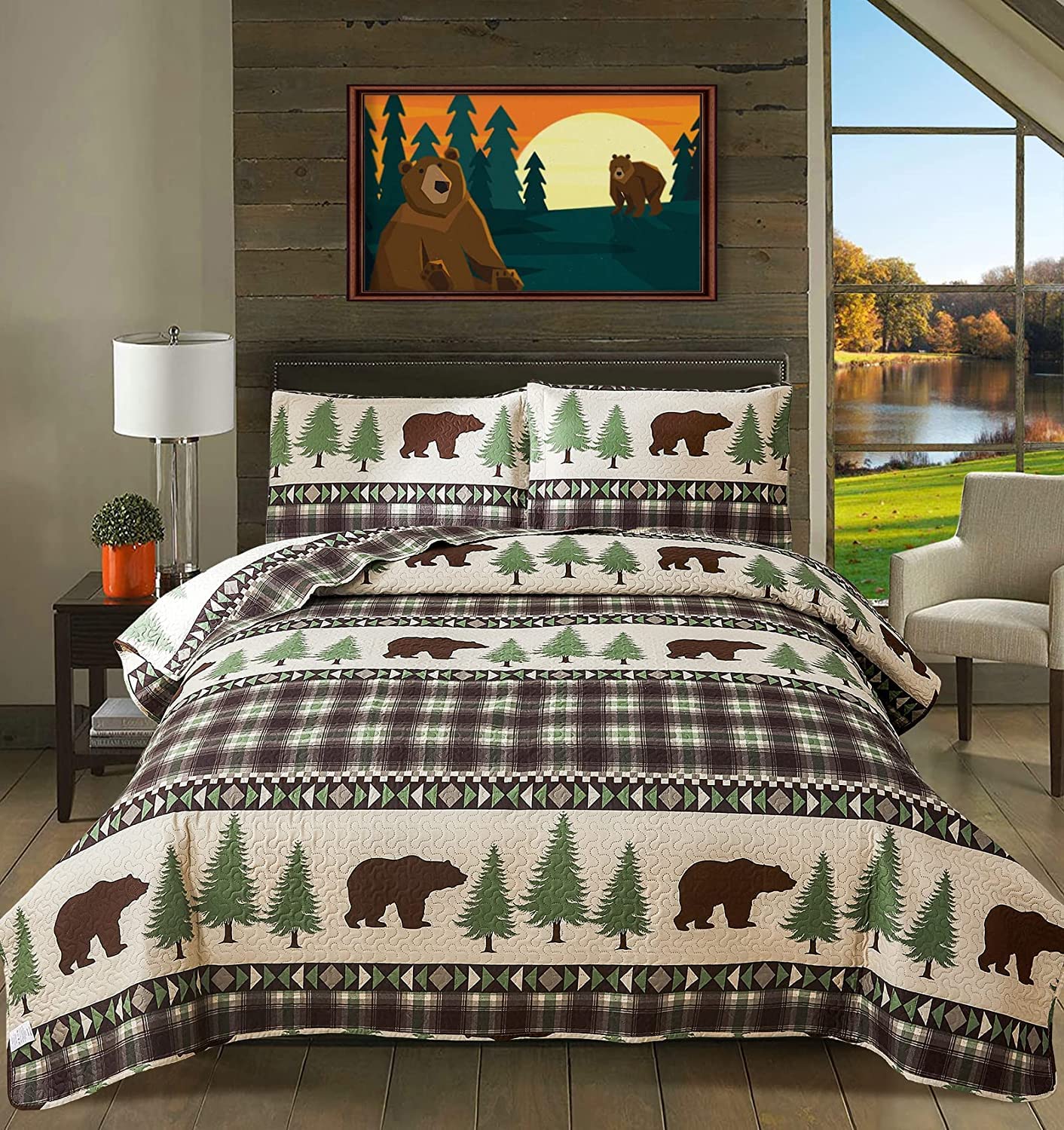 Lodge Quilts Set King Size, 3Pcs Rustic Cabin Brown