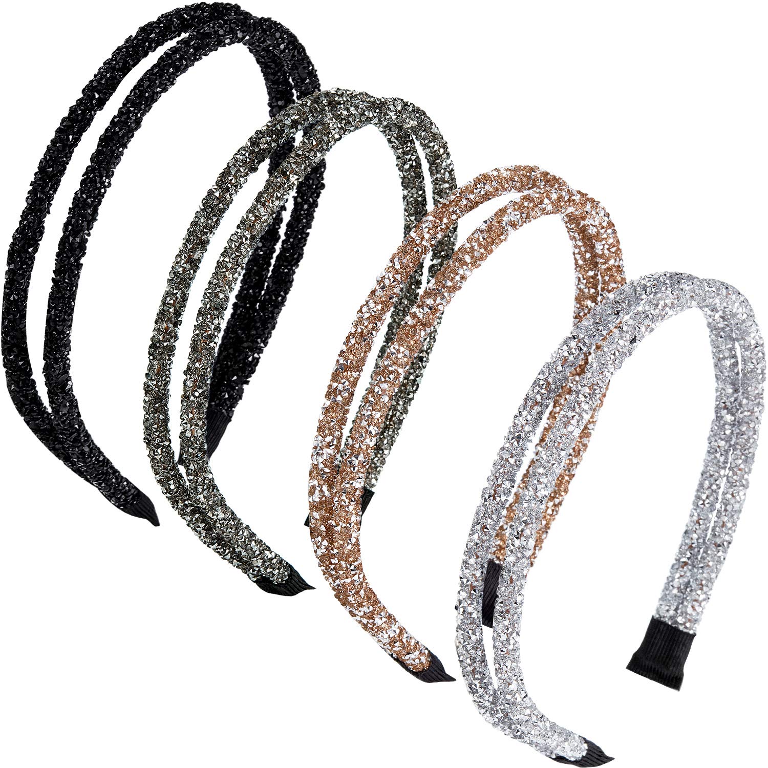 Photo 1 of WILLBOND 4 Pieces Rhinestone Hair Band Double Crystal Side Band Imitation Diamond Crystal Hoop Headband Thin Headband for Women Hair Accessory(Black, Grey, Silver, Champagne)
