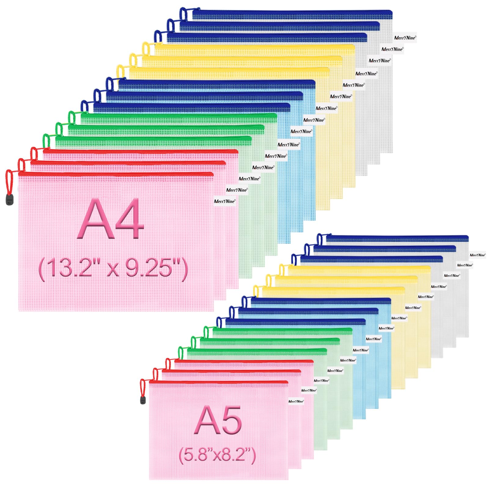 A4A5 Zipper Bag, 'MerryNine' Document Bag, Mesh Zipper, A4 A5, 15 Pieces, 5 Colors, Plastic, for Office and Travel (30 Pack)