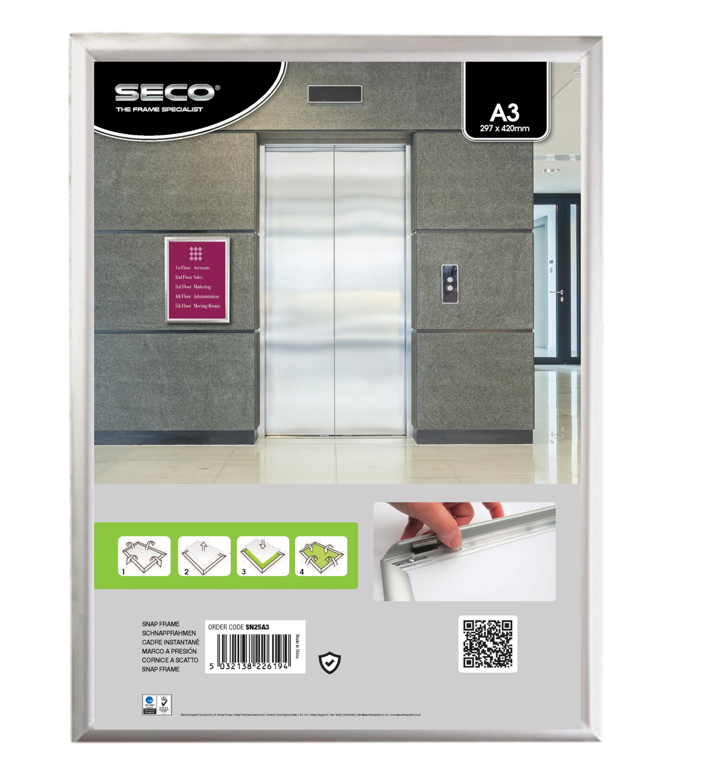 Stewart Superior A3 Aluminium 4 Sided 25mm Front Loading Picture/Poster Snap Frame - Silver