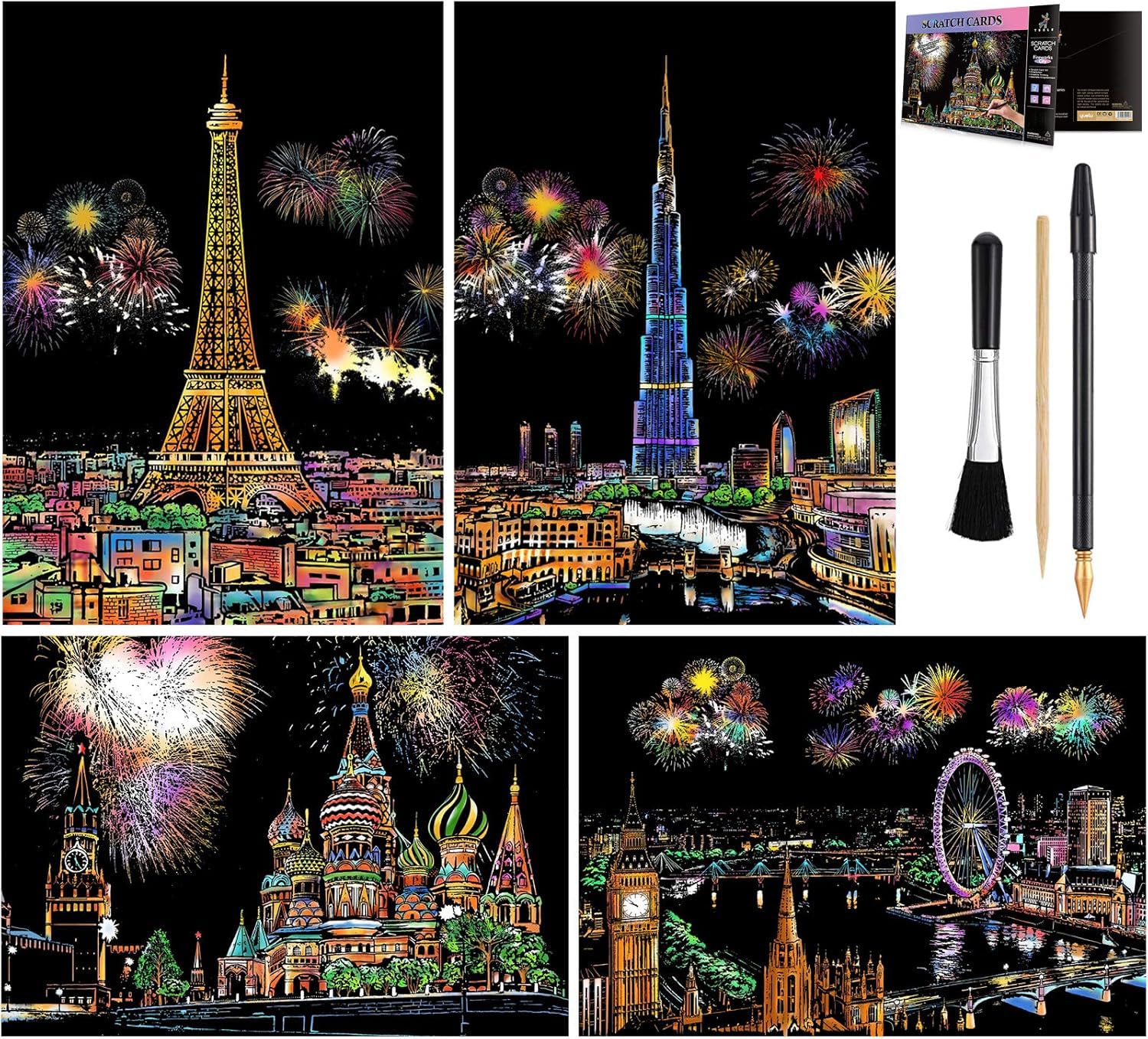 Rainbow Scratch Art Painting Paper (A4) for Kids & Adult, Night View Scratchboard, Engraving Art Set: 4 Sheets Scratch Cards & Drawing Pen, Clean Brush (Eiffel Tower/Big Ben/Burj Khalifa/Moscow)