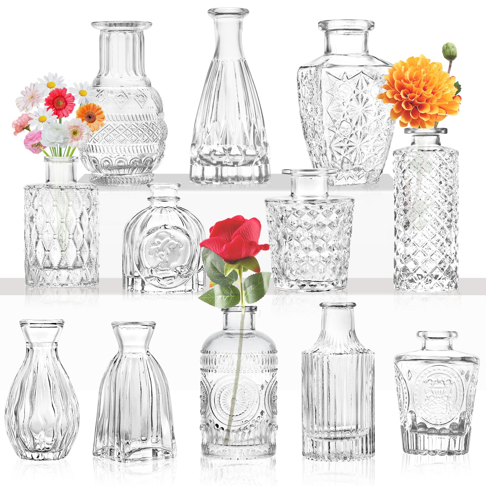 Glass Bud Vases Set of 12 - Small Bottle for Flowers, Clear Bud Vases in Bulk, for Centerpieces, Mini Vintage Vase for Wedding Home Table Decor