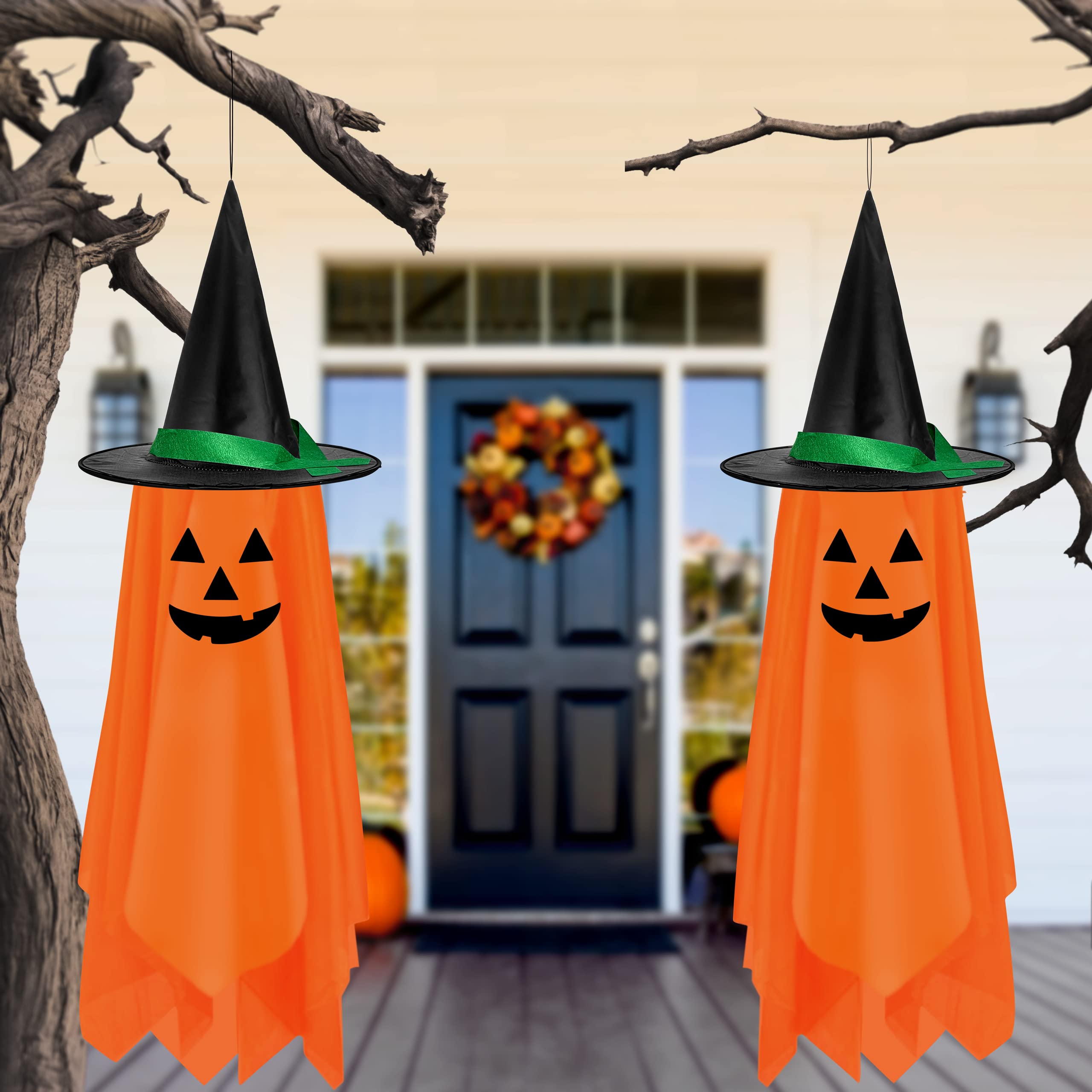 Photo 1 of Halloween Hanging Decorations Outdoor Outside - 2 Pack Halloween Hanging Pumpkin Decorations Decor Pumpkin Ghost Orange Cute Pumpkin Decorations Decor for Kids Outdoor Outside Garden Tree