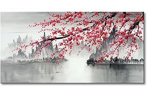 SEEKLAND ART Large Traditional Chinese Painting Hand Painted Plum Blossom Canvas Wall Art Modern Black and White Landscape Oil Painting for Living Room 60 x 30 inch