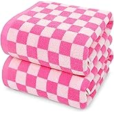 Jacquotha Hot-Pink Checkered Cotton Bath Towels Set of 2 - Cute Aesthetic Bathroom Towels for Women Girls Teens, Valentines Bathroom Decor 27.5" x 55"