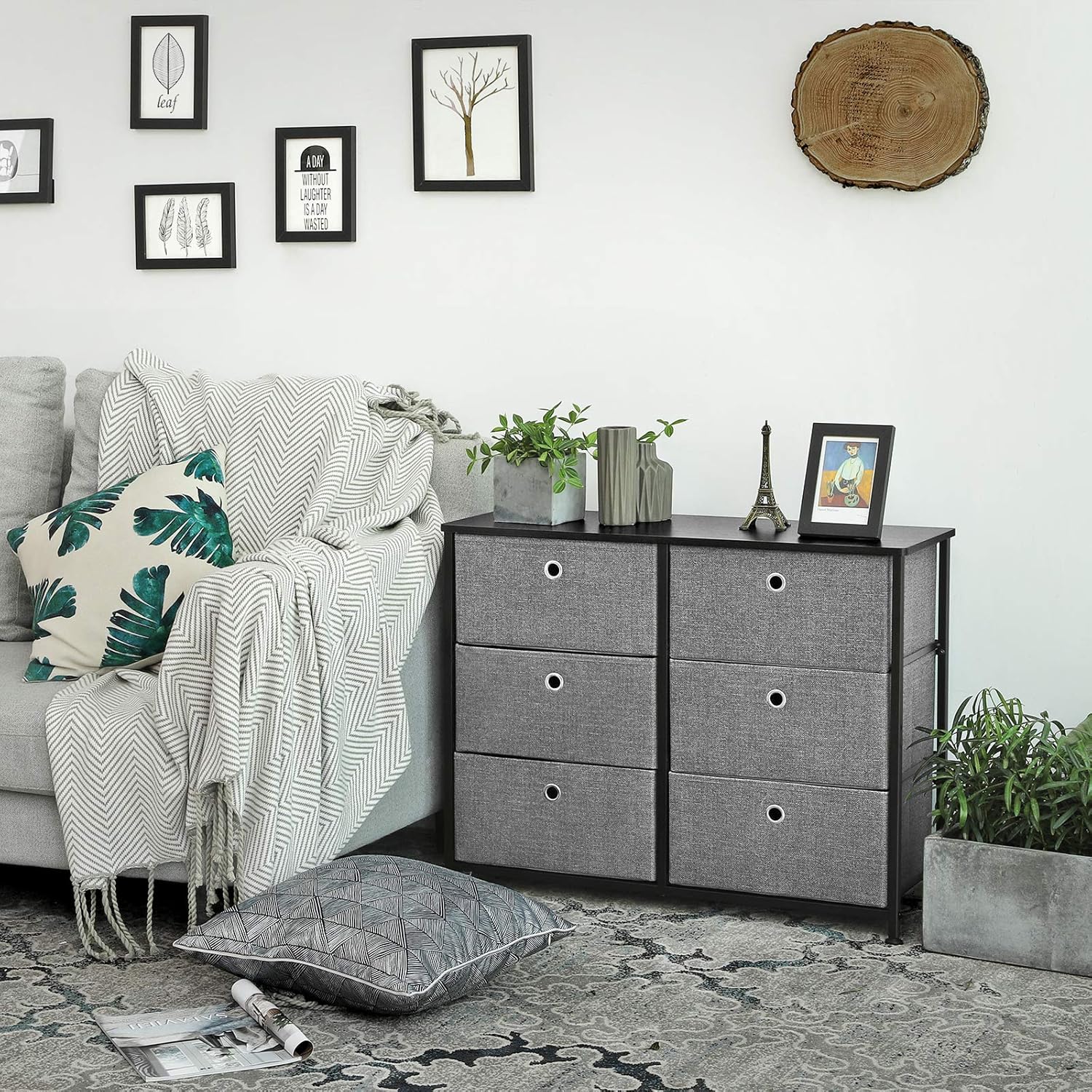 SONGMICS 3-Tier Wide Dresser, Storage Unit with 6 Easy Pull Fabric Drawers, Metal Frame, and Wooden Tabletop, for Closet, Nursery, Hallway, 31.5 x 11.8 x 24.8 Inches, Gray ULTS23G: Furniture & Decor