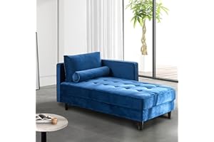 BAMOOLI 64'' Velvet Chaise Lounge Indoor, Modern Longue Chair Upholstered Chaise Longue with Support Pillow, Button Tufted Seat Cushion, Sleeper Sofa Recliner for Bedroom, Living Room, Apartment, Blue