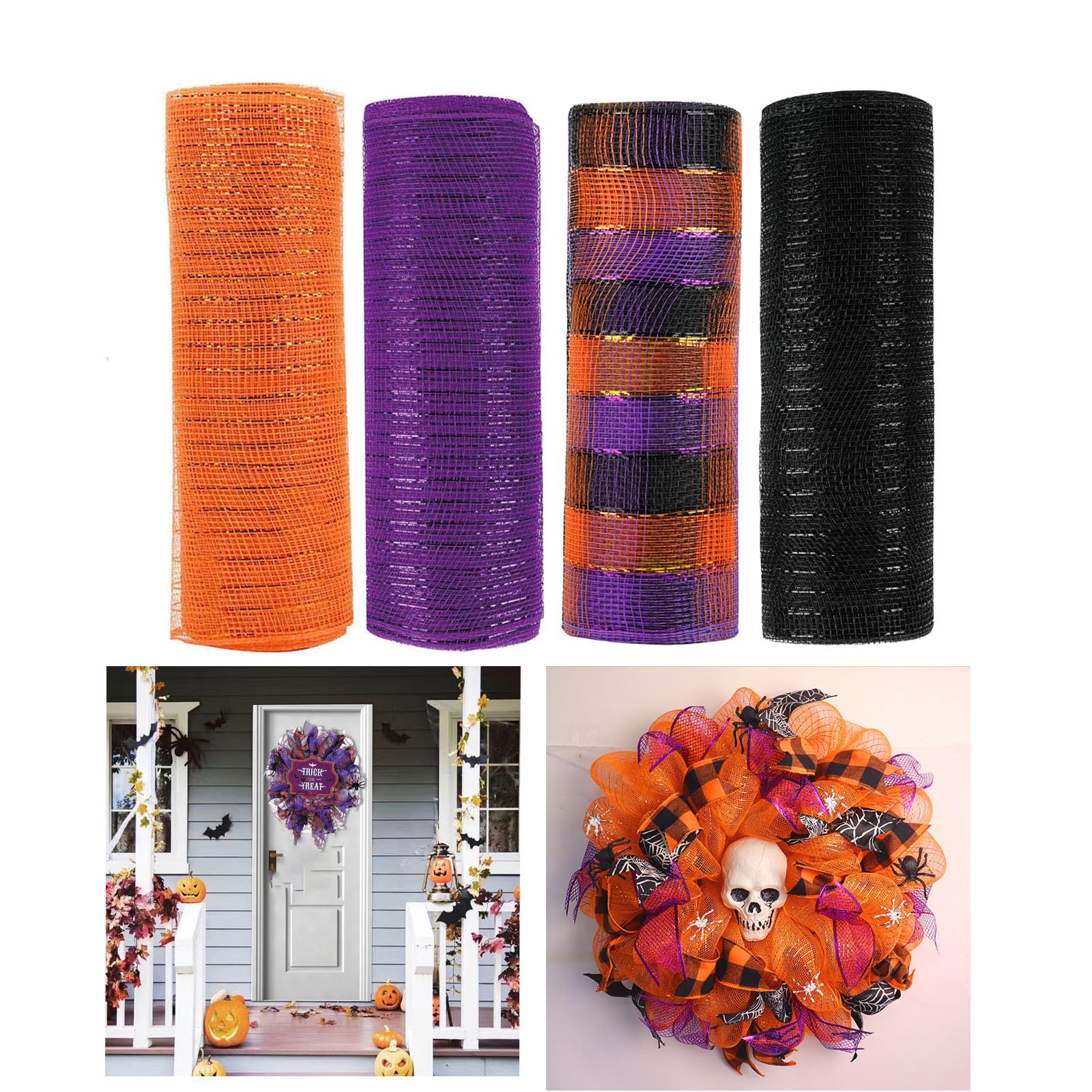 Photo 1 of JStnana 4 Rolls Deco Mesh Ribbon for Halloween Wreath Making Supplies, 10Inch x 30Ft Metallic Burlap Orange Purple Black Stripe Deco Mesh Rolls for Thanksgiving Halloween DIY Crafts Wreath Decor