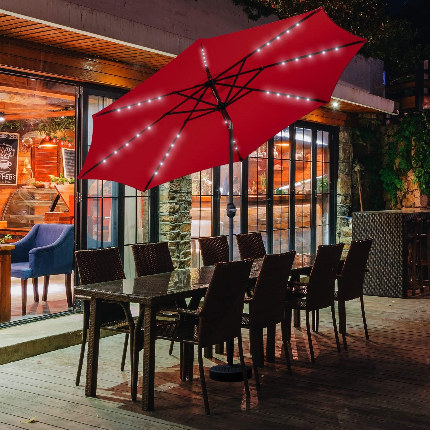 Koolwoom 9ft Solar Led Lighted Patio Umbrella With Crank And Manual Tilt Outdoor Umbrella With Fade Resistant Water Proof Fabric And Push Button Without Base Red 2 Patio Furniture Accessories Patio Lawn