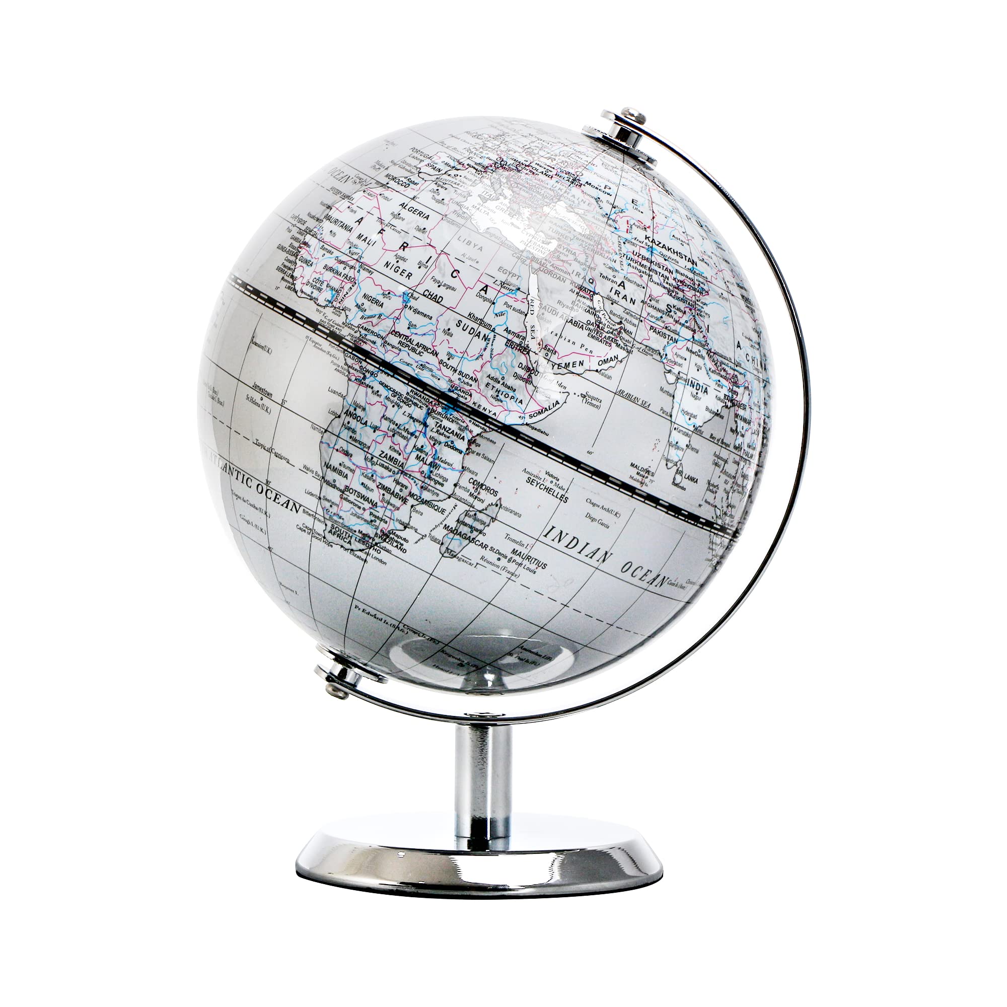 Topglobe 14cm World Globe Silver - Mini Globe Educational/Geographic/Modern Desktop Decoration - Stainless Steel Arc and Base - Silver Grey