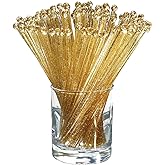 Ball Head Stirrer Disposible Plastic Round Top Crystal Swizzle Sticks, Crystal Cake Pops, Cocktail Coffee Drink Stirrers 100 Pieces (Clear Gold Glitter)