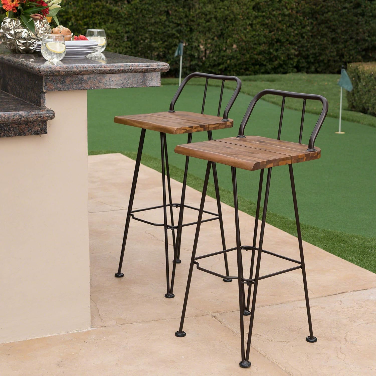 Christopher Knight Home Denali Outdoor Industrial Acacia Wood Barstools with Finished Iron Frame, 2-Pcs Set, Teak Finish / Rustic Metal: Garden & Outdoor