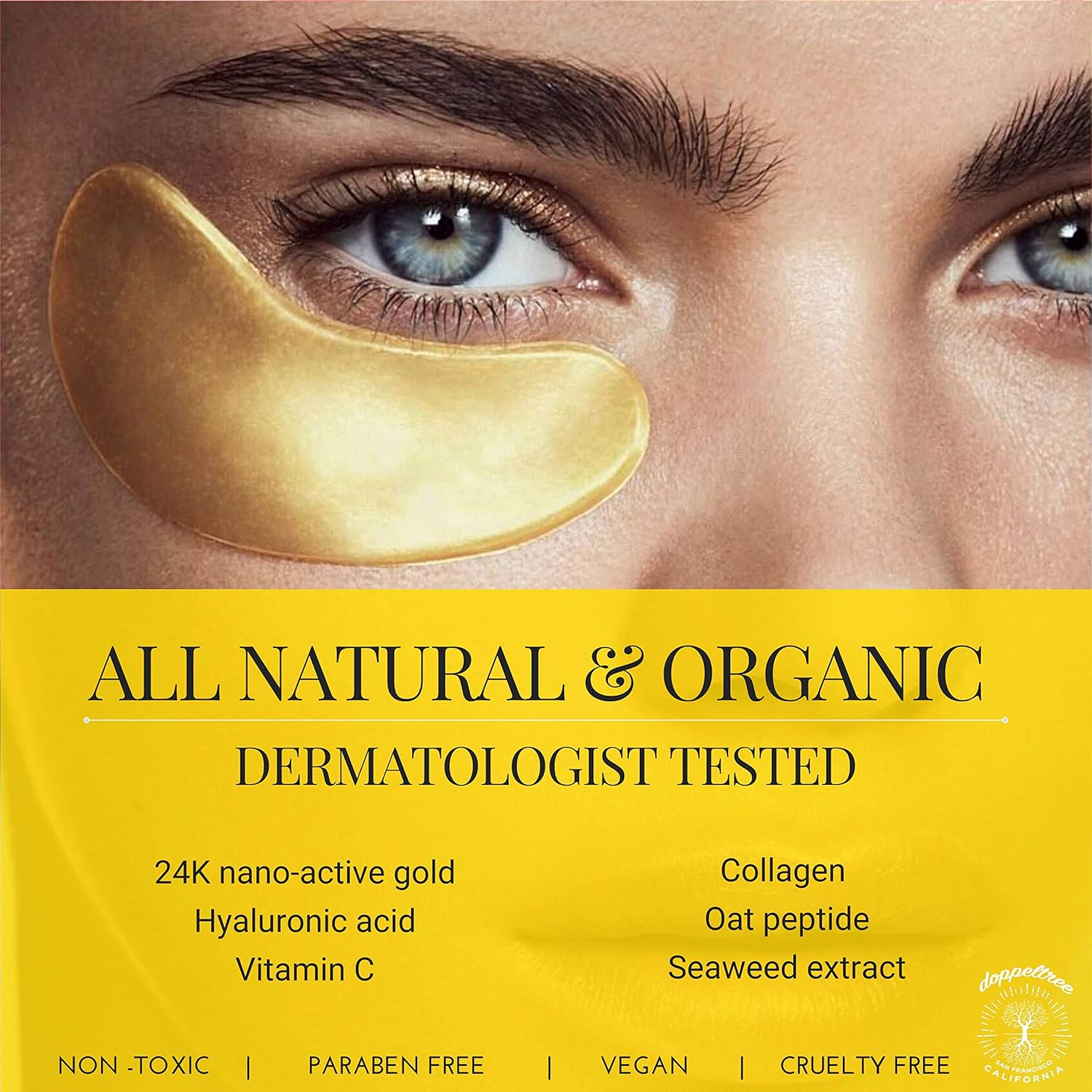 All Natural Under Eye Patches & Masks (18 Pairs) - Anti Aging Treatment for Bags, Puffiness, Wrinkles, & Dark Circles - 24K Gold, Collagen, Hyaluronic Acid, Hydrogel - Formulated in San Francisco : Beauty