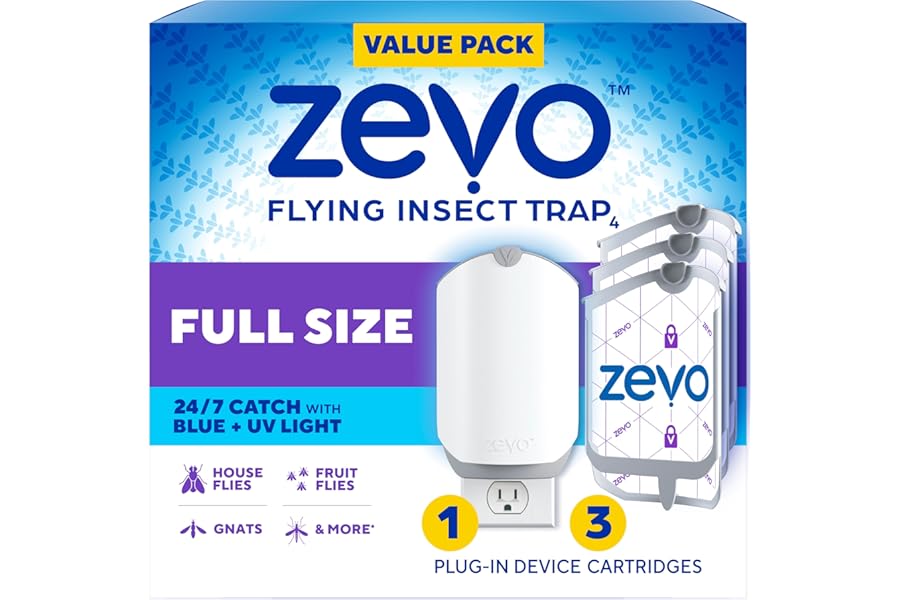 Zevo Flying Insect Trap & 3 Refill Cartridges - Plug in Fly Trap & Indoor Bug Catcher for Gnats, House & Fruit Flies - Blue & UV Light Technology, Mess-Free Alternative to Bug Zapper