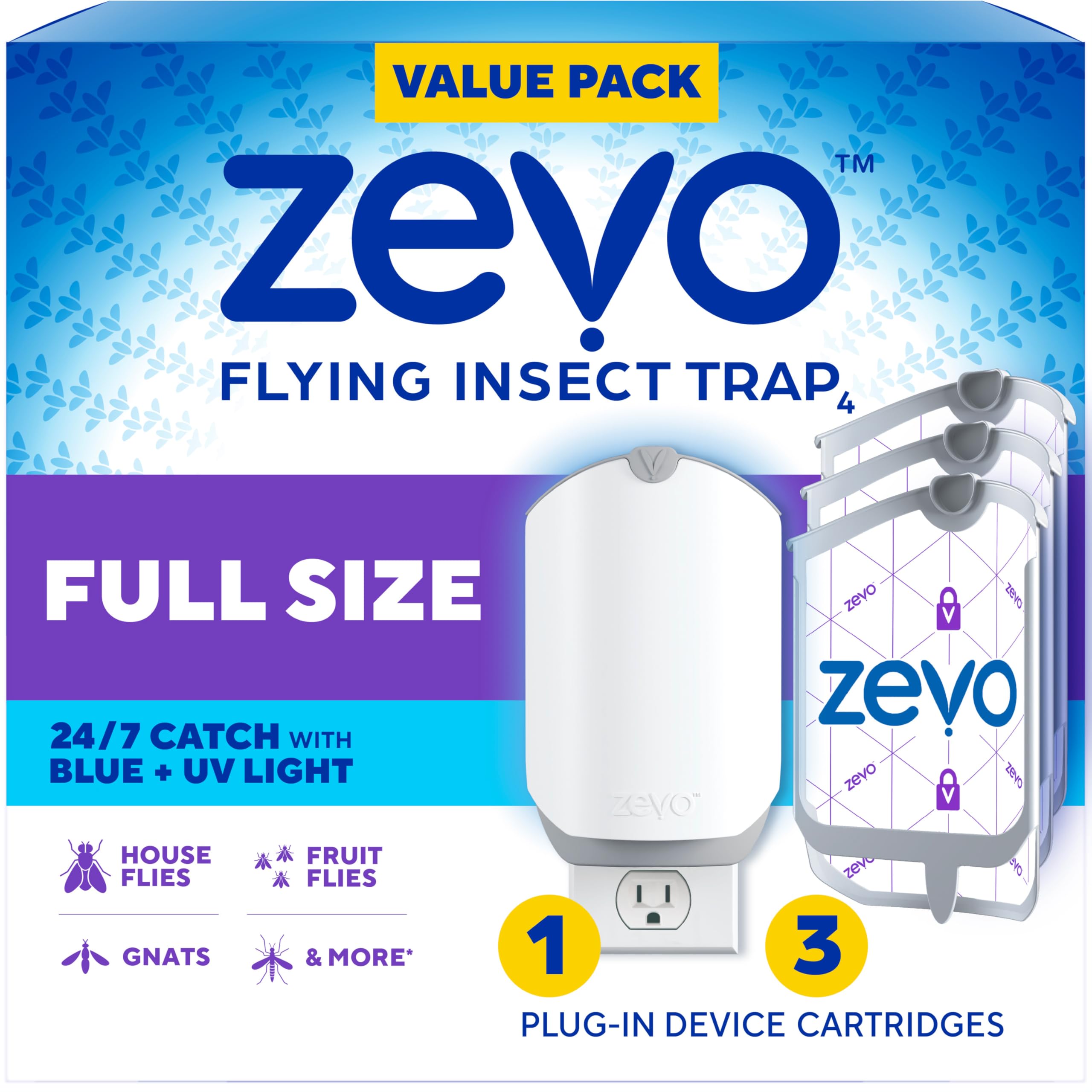 Zevo Flying Insect Trap & Refills: Plug-In Indoor Bug Catcher for Gnats, Flies | Blue & UV Light