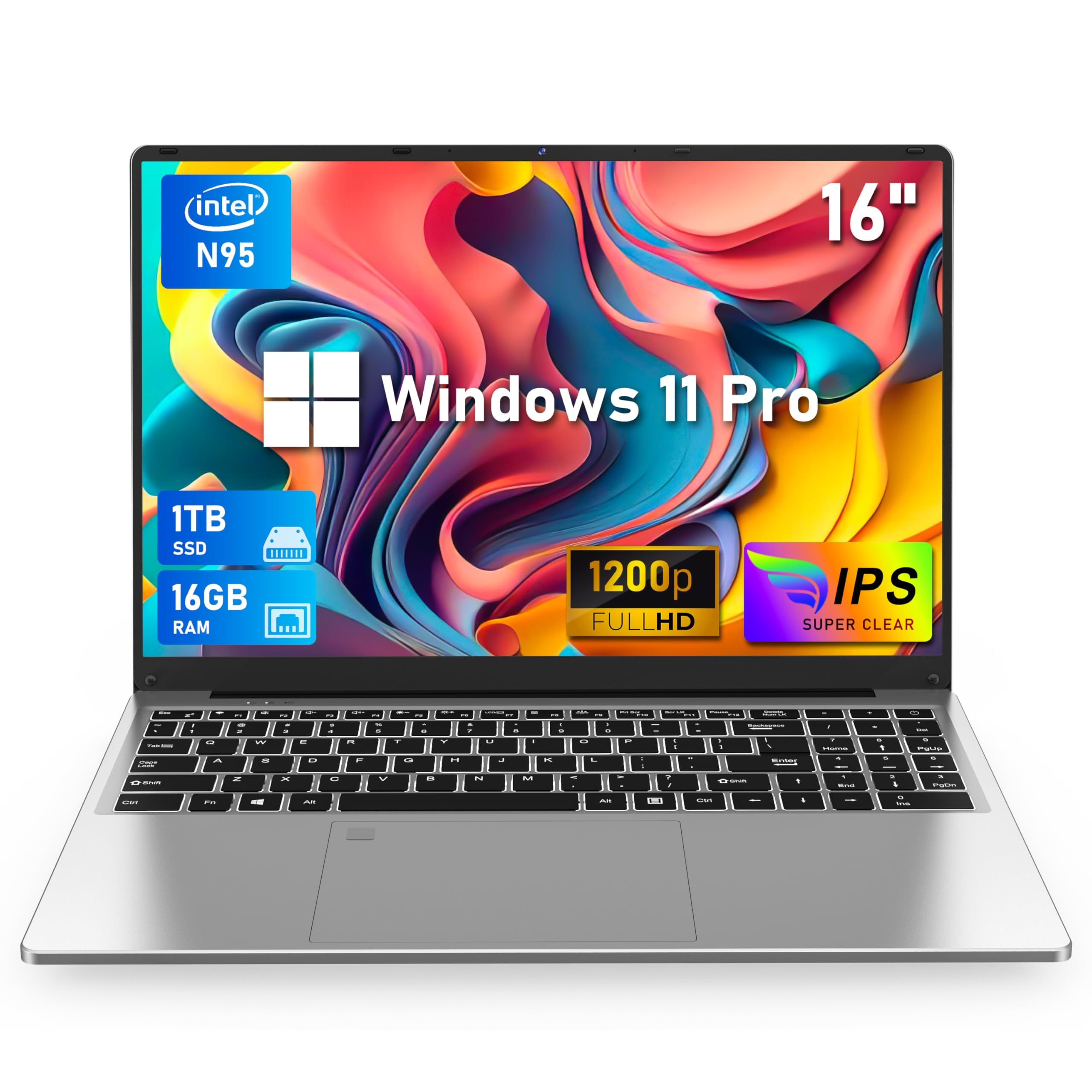 NIAKUN 16 Inch Laptop Computer 2025, Gaming Laptop, 16GB RAM 1TB SSD, N95 Processor, FHD 1920 * 1200, 180° Open, Backlit Keyboard, Windows 11 Pro, Fingerprint Unlock, UHD Graphics 750 MHz, Student