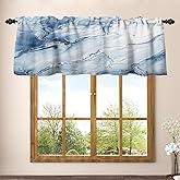 Renaiss 42 x 18 Inch Blue Marble Curtain Valance for Kitchen Windows Decor Gold Foil Print Linen Window Treatment Valance Abstract Art Rod Pocket Short Window Curtain for Bathroom Bedroom Living Room