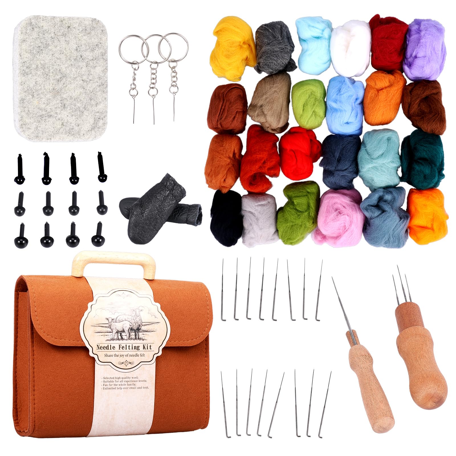 24 Colors Needle Felting Kit, Needle Felting Starter Set, Needles Feltings Tools and Supplies with Storage Bag and Instruction, Wool Kit with Wool Bulk, Needles, Pad for Beginners DIY Knitting Crafts