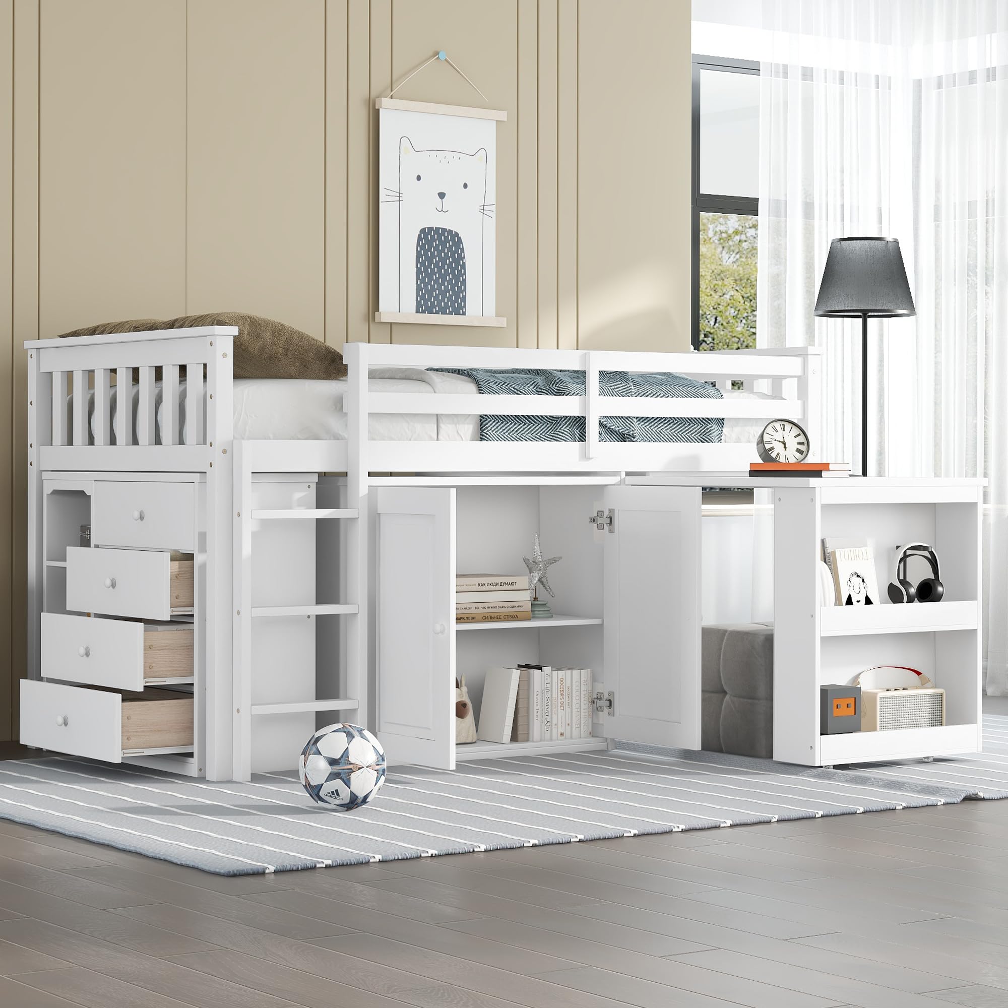 Photo 1 of ***PARTIAL SET - PRICE ADJUSTED***BOX1OF 3***Merax Loft Bed Twin Size with Pull Out Desk, Low Loft Bed with Underneath Cabinet, 3 Side Drawers and Shelves, Wood Bed Frame with Guardrails and Ladder, Wood Slat Support, No Box Spring Need, White