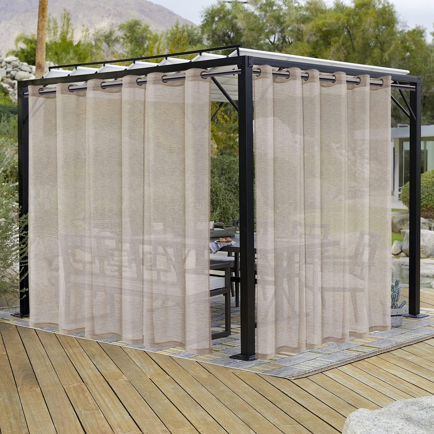 Outdoor Curtains - LORDTEX Burlap Linen Look Outdoor Curtains for Patio - 2 Panels Waterproof Sheer Curtains for Pergola, Porch, Cabana and Gazebo Grommet Indoor/Outdoor Voile Sheer Drapes (100 x 108 inch, Linen)