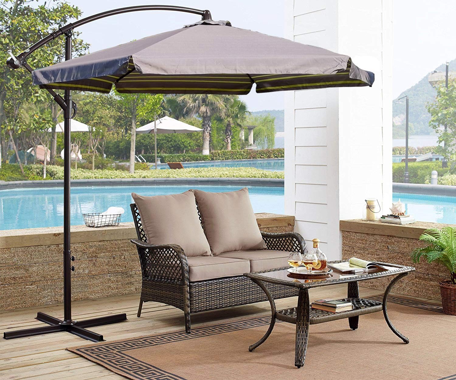 Unibest 10 ft Patio Offset Umbrella Hanging Umbrella Outdoor Market Umbrella Garden Umbrella (Stripe)