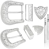 QuneusHot 6 Pieces Cowboy Replacement Belt Buckle Set 1.5"(38mm) Strap Western Floral Engraved Silver Buckles for Men Women