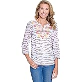 MULTIPLES Women's 3/4 Sleeve Notch Neck Embroidered Top