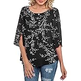 Neineiwu Womens Casual Scoop Neck Loose Top 3/4 Sleeve Chiffon Blouse Shirt Tops