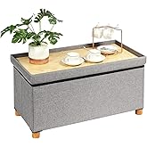 PINPLUS Ottoman with Storage Coffee Table, Grey Footrest-Stool Linen Chest with Tray, Large Storage Bench Foot Rest Ottoman for Bedroom End of Bed, Living Room, Hallway, 30"x 15"x 15"